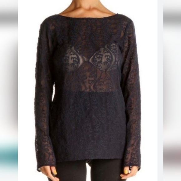 NWT Ann Taylor loft navy sheer embroidered top size Petite Small - Picture 4 of 12